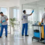 Équipe NORTHSERV en uniforme professionnel nettoyant un espace intérieur à Tanger