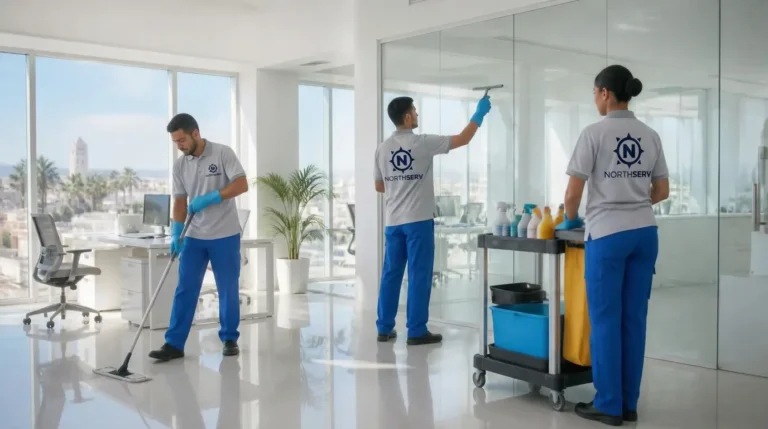 Équipe NORTHSERV en uniforme professionnel nettoyant un espace intérieur à Tanger