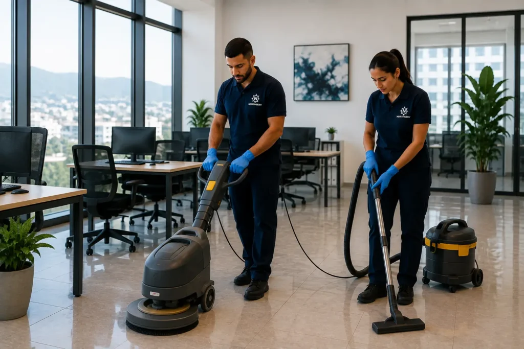 Équipe Northserv réalisant le nettoyage professionnel des sols et des bureaux à Tanger avec des équipements spécialisés.