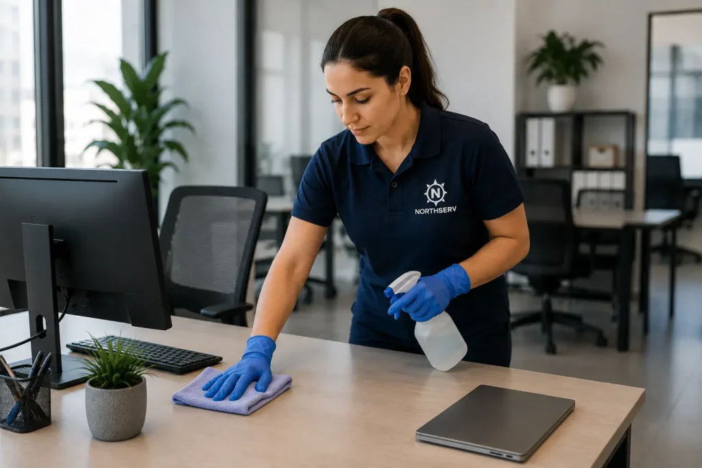 Technicienne Northserv nettoyant et désinfectant un poste de travail dans des bureaux professionnels à Tanger.