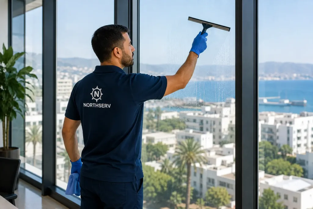 Agent Northserv nettoyant les vitres d'un immeuble de bureaux à Tanger avec une raclette professionnelle.