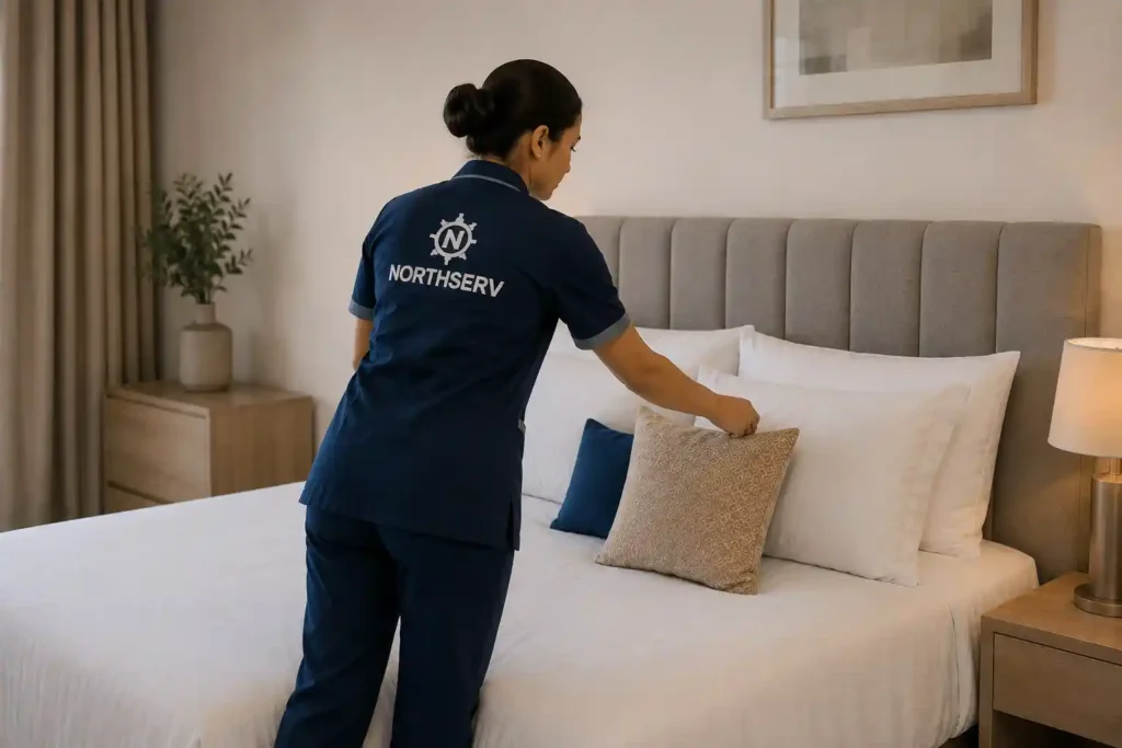 Femme de ménage professionnelle à Tanger préparant une chambre dans le cadre d’un service de ménage à domicile et de nettoyage de locations saisonnières