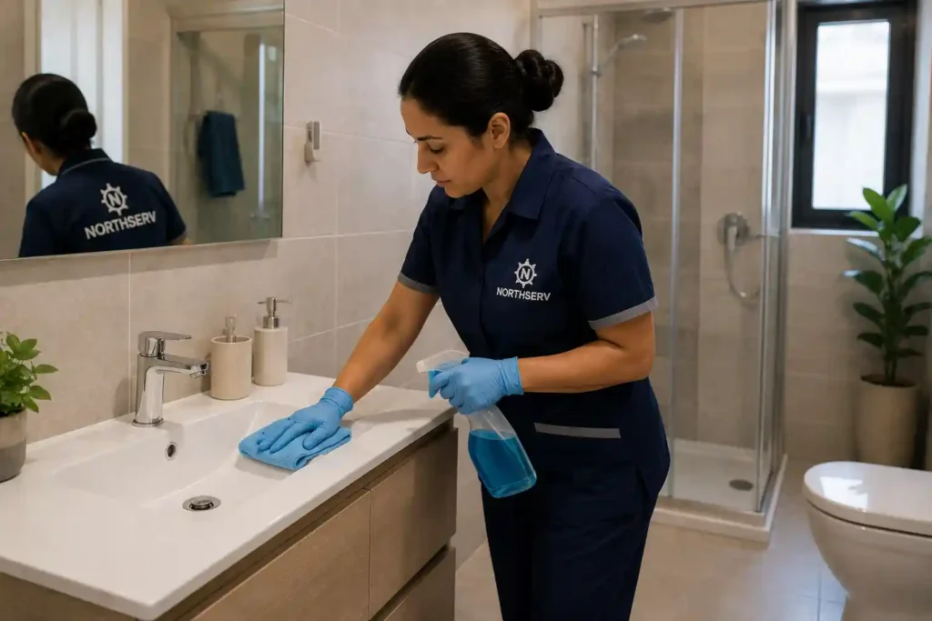 Femme de ménage professionnelle à Tanger réalisant le nettoyage de la salle de bain et des sanitaires à domicile