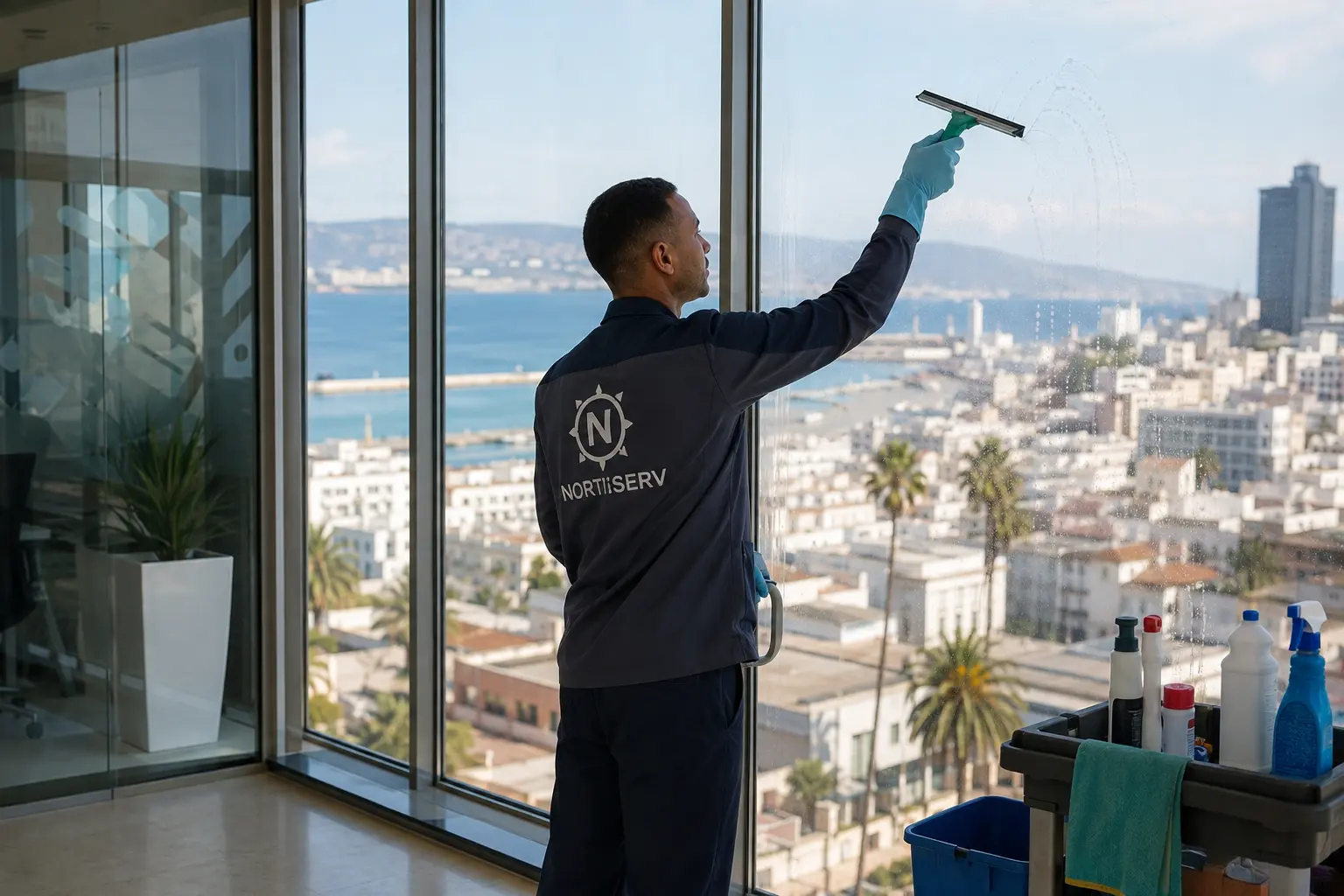 Agent de nettoyage professionnel lavant une baie vitrée dans un immeuble de bureaux moderne à Tanger, Maroc, avec vue sur la ville, le détroit de Gibraltar et un chariot de nettoyage professionnel.