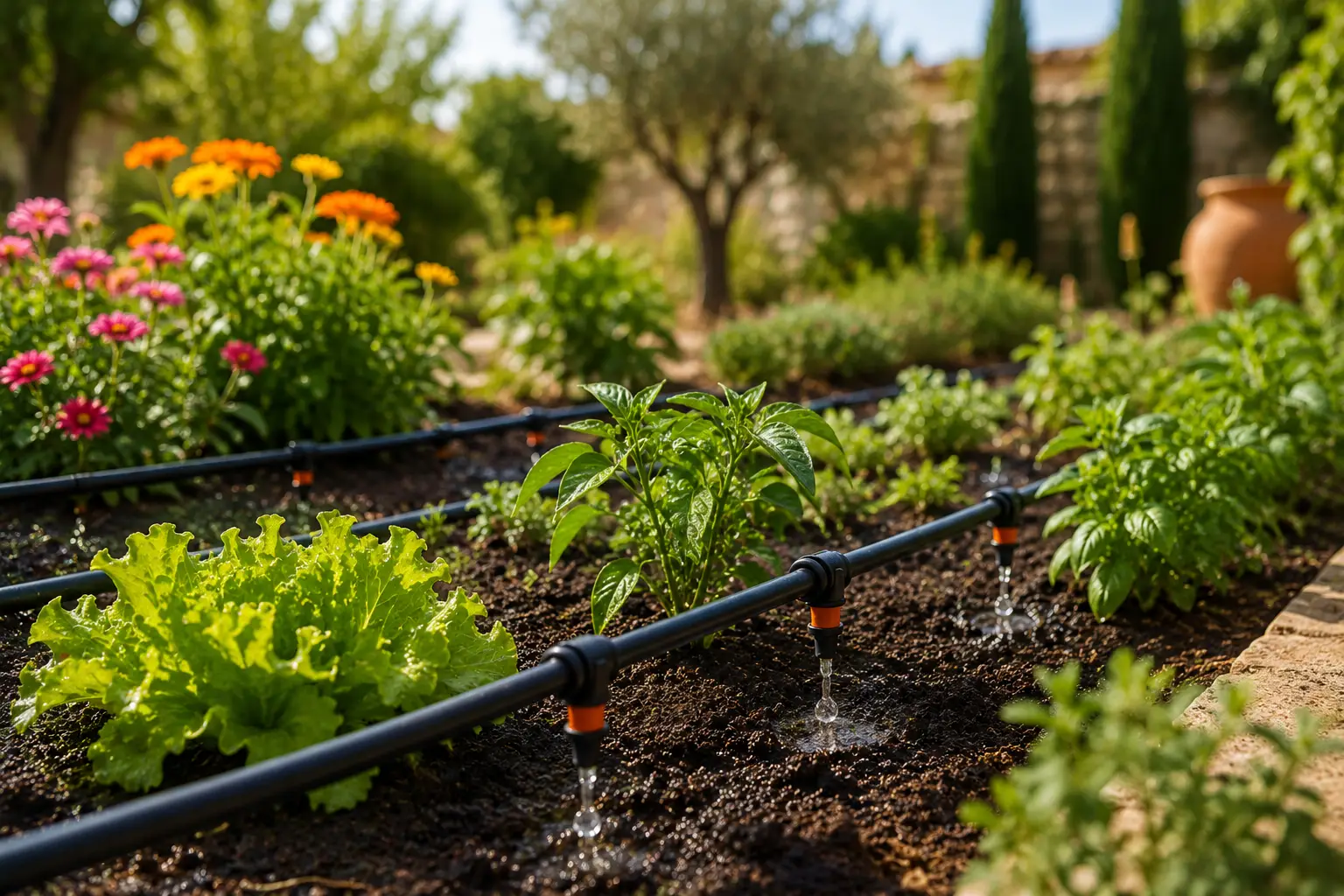 Système de goutte-à-goutte installé dans un jardin pour arroser les plantes.