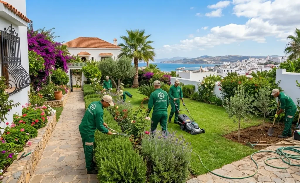 Équipe de jardiniers professionnels Northserv effectuant l'entretien complet (tonte, taille, désherbage) d'un jardin de villa à Tanger surplombant la mer méditerranée.