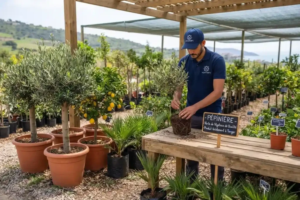 Employé de la pépinière Northserv à Tanger inspectant un plant d'olivier en pot, entouré d'arbres fruitiers et de végétaux de qualité
