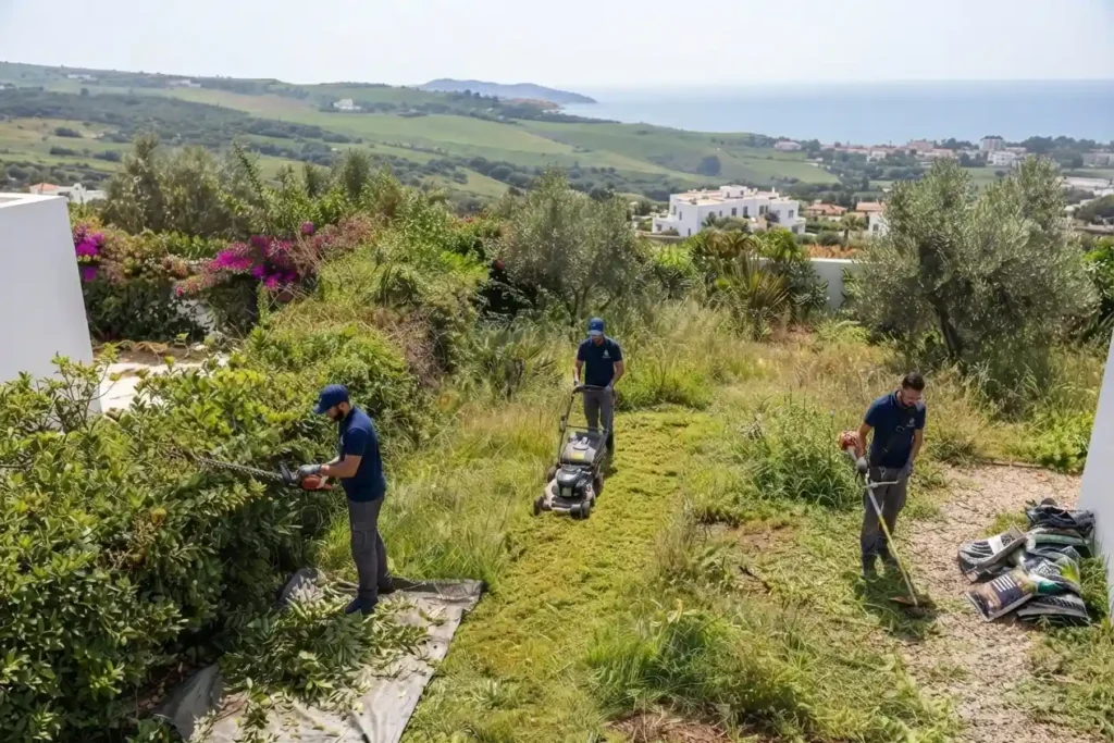 Équipe de jardiniers professionnels Northserv effectuant l'entretien, la tonte de pelouse et la taille de haies dans un grand jardin à Tanger