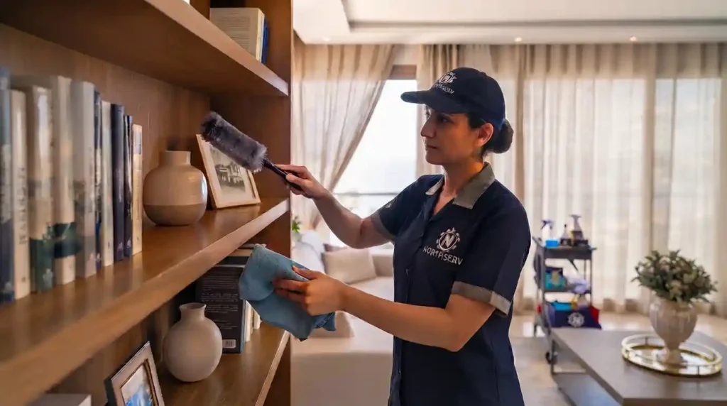 Servicio profesional de limpieza de casas y apartamentos en Tánger con Northserv, operaria limpiando mobiliario y estanterías.
