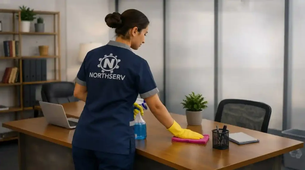 Trabajadora de limpieza profesional en oficina interior en Tánger con uniforme NORTHSERV, realizando limpieza de escritorio con productos de limpieza, paño de microfibra y guantes amarillos. Servicio de limpieza profesional, mantenimiento de oficinas, higiene, desinfección y cuidado de superficies en Tánger.