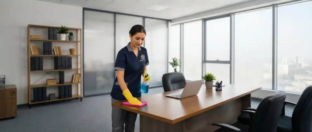 Limpiadora profesional con uniforme y guantes limpiando un escritorio de madera en una oficina moderna y luminosa.