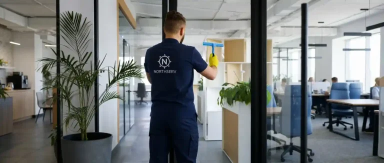 Limpiador profesional de Northserv, con uniforme azul y pantalón de trabajo, limpiando una mampara de cristal en una oficina moderna y abierta. En el fondo, se ven empleados trabajando y un gran espacio de oficina.