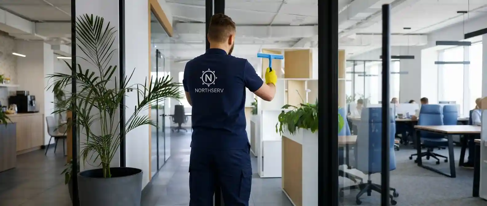 Limpiador profesional de Northserv, con uniforme azul y pantalón de trabajo, limpiando una mampara de cristal en una oficina moderna y abierta. En el fondo, se ven empleados trabajando y un gran espacio de oficina.