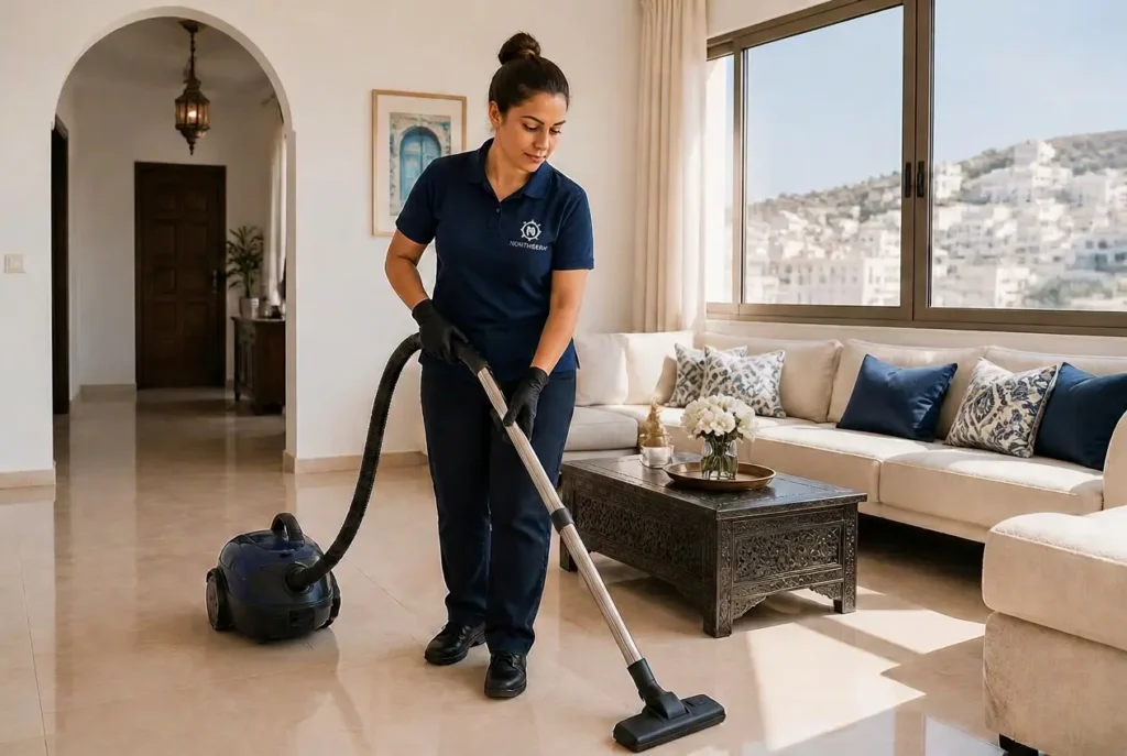 Agent de ménage à domicile Northserv en uniforme nettoyant le salon d'un appartement à Tanger
