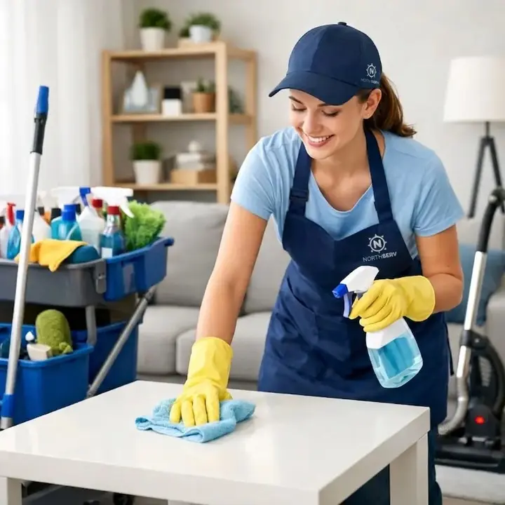 Une femme de ménage souriante portant un uniforme bleu (tablier et casquette) avec le logo 'NORTHSERV', essuyant une table blanche avec un chiffon bleu et un spray nettoyant. À côté d'elle se trouve un chariot de nettoyage bleu rempli de produits dans un salon moderne.