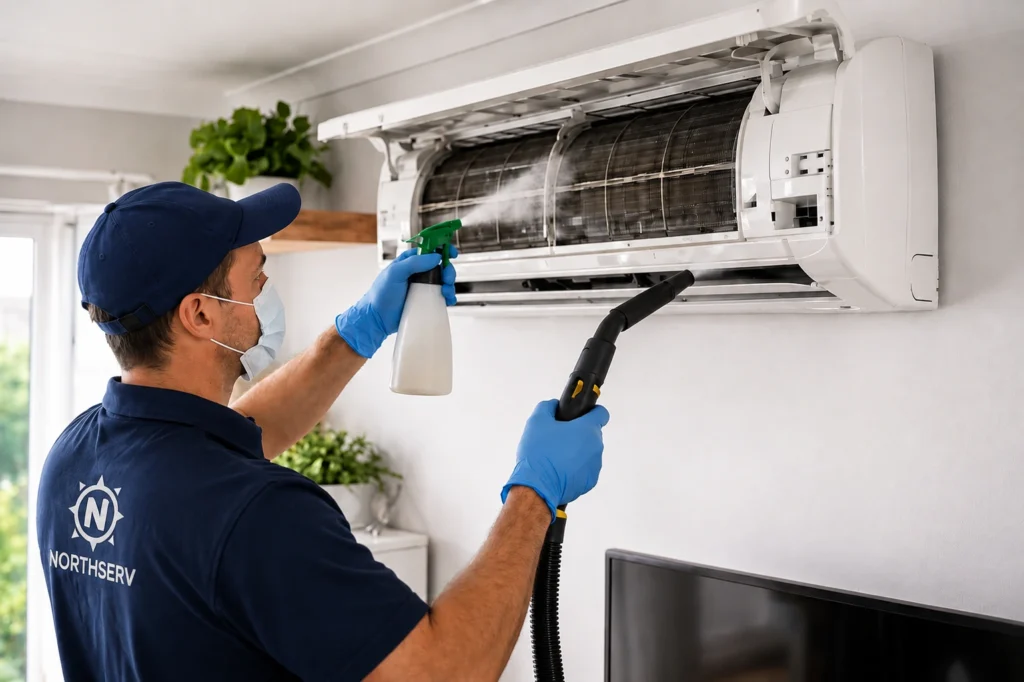 Nettoyage climatisation par un technicien NORTHSERV utilisant un pulvérisateur et un aspirateur professionnel pour nettoyer un climatiseur mural.