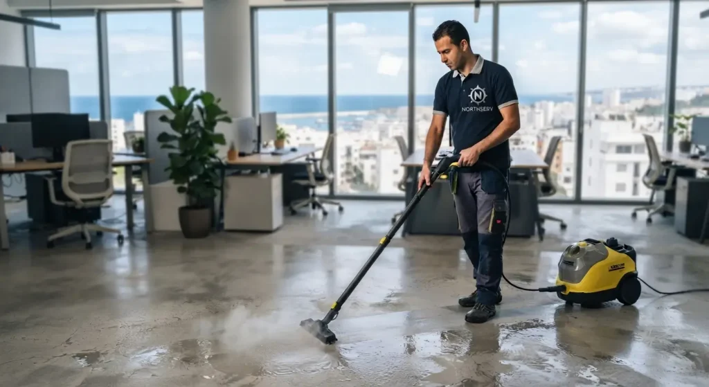 Nettoyage des sols à la vapeur dans des bureaux professionnels à Tanger.