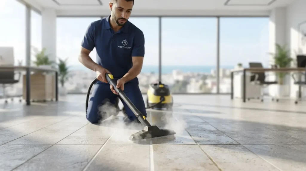 Nettoyage des sols à la vapeur dans un bureau à Tanger