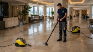 Nettoyage des sols à la vapeur dans un hôtel à Tanger