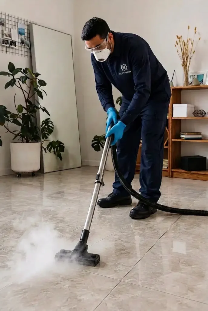 Nettoyage à la vapeur d'un sol carrelé par un professionnel