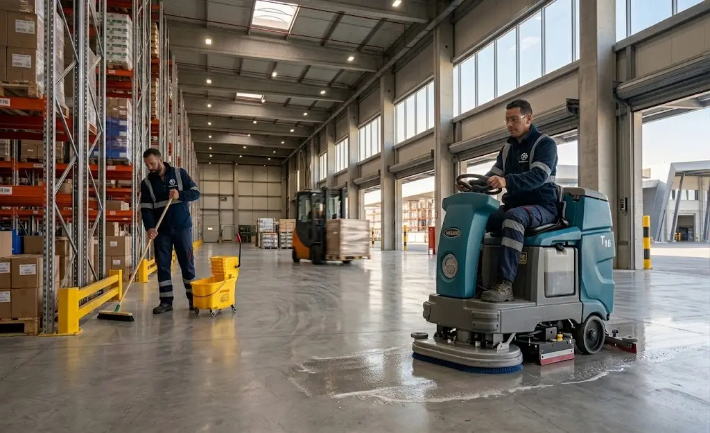 Nettoyage industriel d'un entrepôt logistique avec une autolaveuse et un agent d'entretien nettoyant le sol entre les rayonnages.