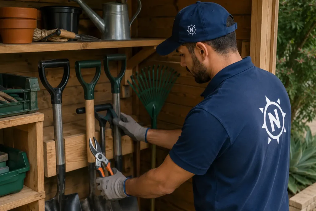 Outils de jardinage propres et rangés dans un espace de stockage avec un jardinier professionnel portant un uniforme Northserv.