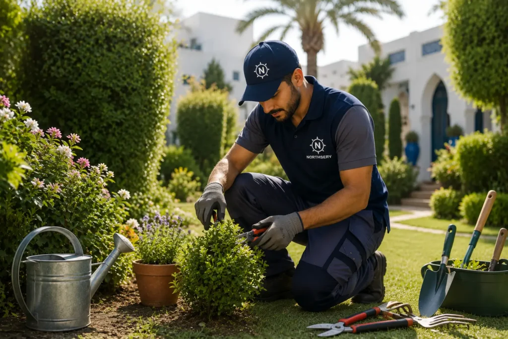 Jardinier professionnel utilisant des outils de jardinage dans un jardin résidentiel à Tanger.