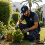 Jardinier professionnel utilisant des outils de jardinage dans un jardin résidentiel à Tanger.