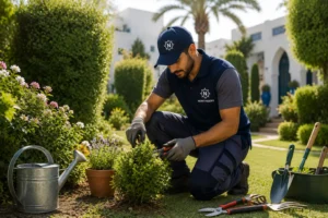 Jardinier professionnel utilisant des outils de jardinage dans un jardin résidentiel à Tanger.