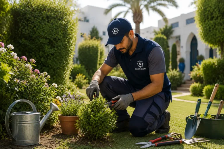 Jardinier professionnel utilisant des outils de jardinage dans un jardin résidentiel à Tanger.