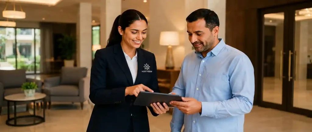 Concierge assisting a resident with a tablet in a modern residential lobby