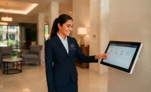 A smiling female concierge in a Northserv branded suit points at a wall-mounted touchscreen in a modern residential lobby.
