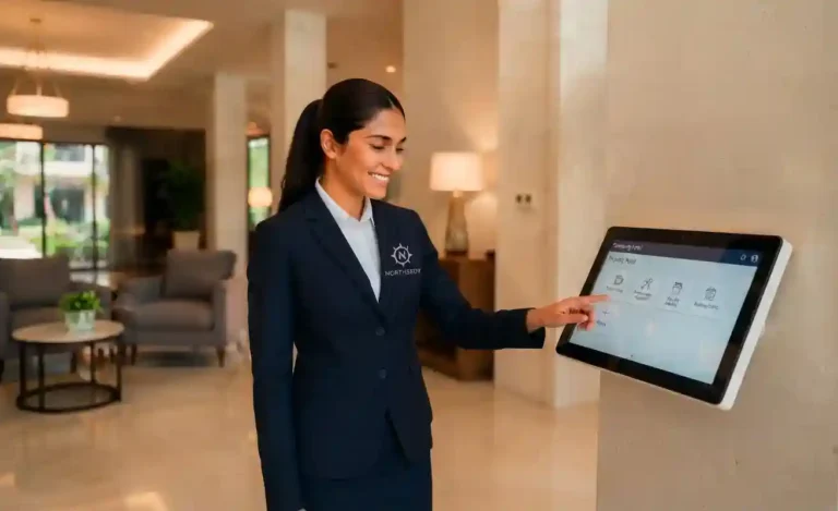 A smiling female concierge in a Northserv branded suit points at a wall-mounted touchscreen in a modern residential lobby.