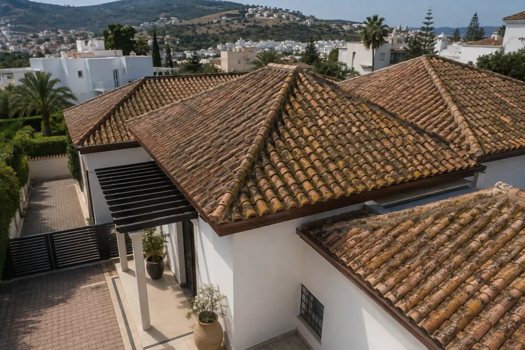 Toiture en tuiles d'une maison résidentielle à Tanger présentant des traces de mousse et de salissures