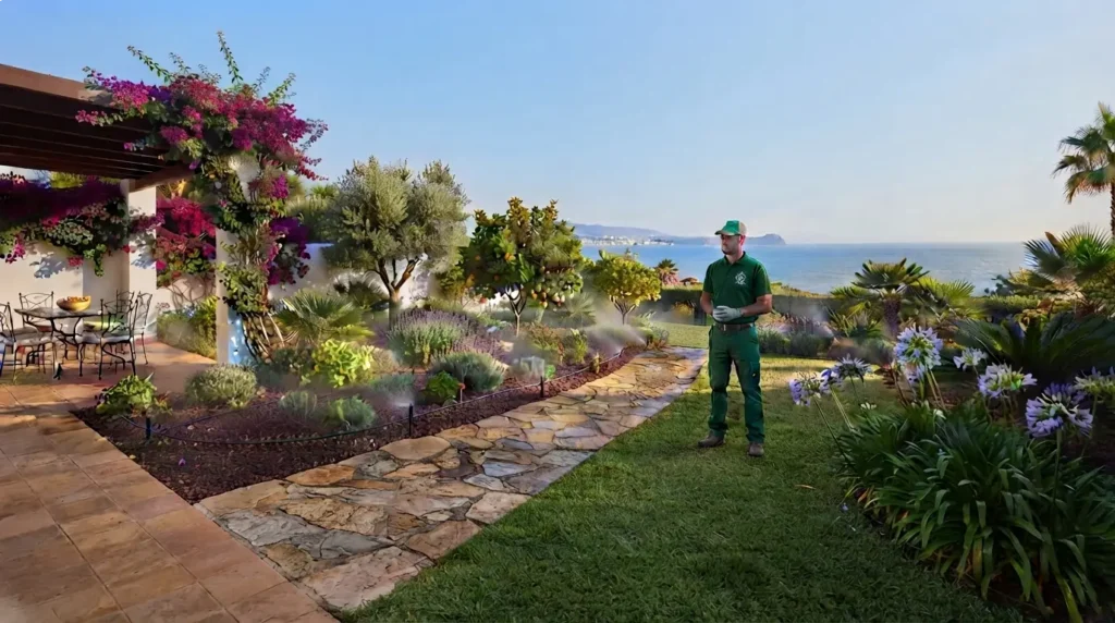 Professional residential gardening and garden maintenance services in Tangier with panoramic sea view