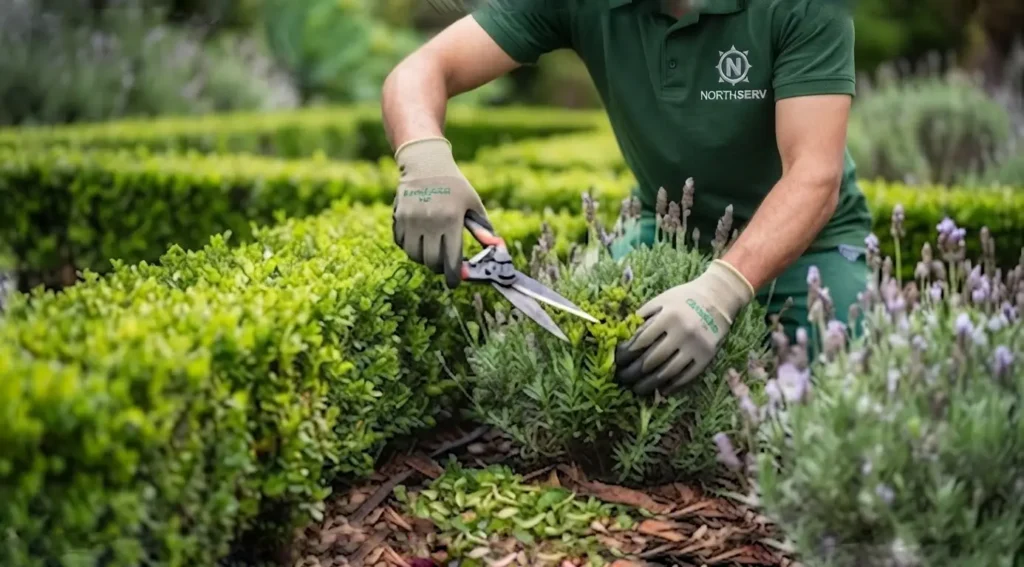 Expert gardener pruning hedges wearing branded Northserv professional uniform in Tangier