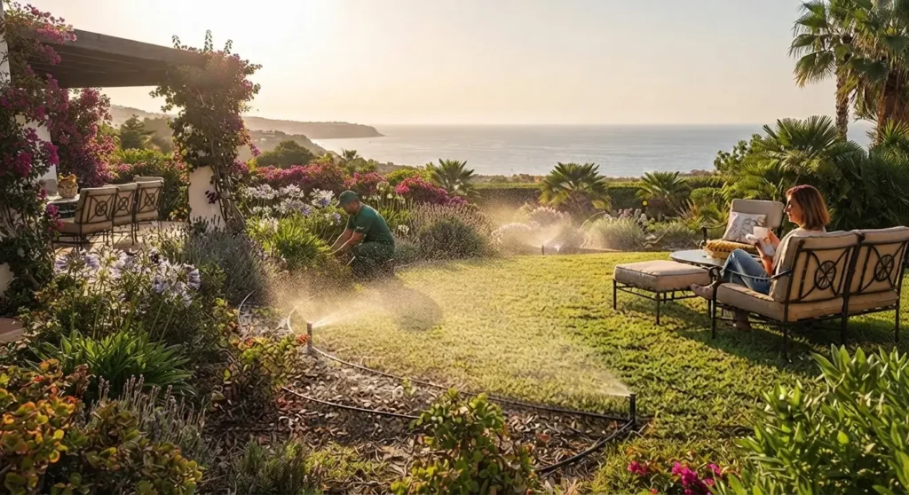 Automatic garden irrigation and watering system maintaining a green villa lawn in Tangier