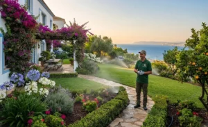 Professional garden maintenance and landscaping services in Tangier villa by Northserv gardener