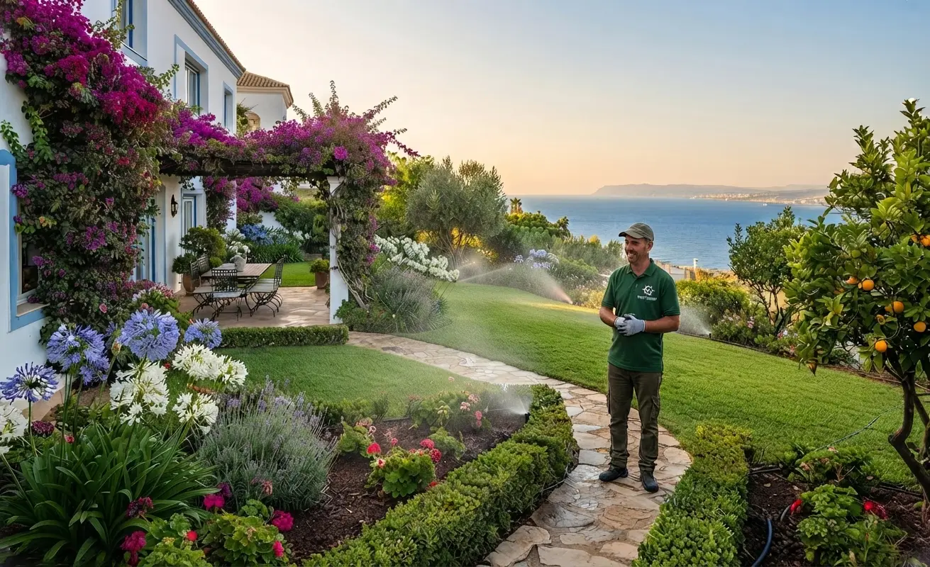 Professional garden maintenance and landscaping services in Tangier villa by Northserv gardener