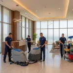 Une équipe de nettoyage professionnelle, vêtue d'un uniforme, procède au nettoyage d'un hall spacieux et moderne, en utilisant un équipement de pointe tel que des autolaveuses automatiques et des chariots à outils organisés.