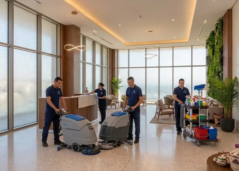 Une équipe de nettoyage professionnelle, vêtue d'un uniforme, procède au nettoyage d'un hall spacieux et moderne, en utilisant un équipement de pointe tel que des autolaveuses automatiques et des chariots à outils organisés.