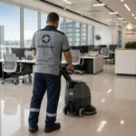 Agent Northserv utilisant une autolaveuse pour le nettoyage des sols d'un open space à Tanger