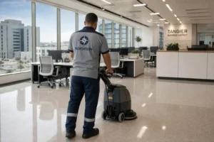 Agent Northserv utilisant une autolaveuse pour le nettoyage des sols d'un open space à Tanger