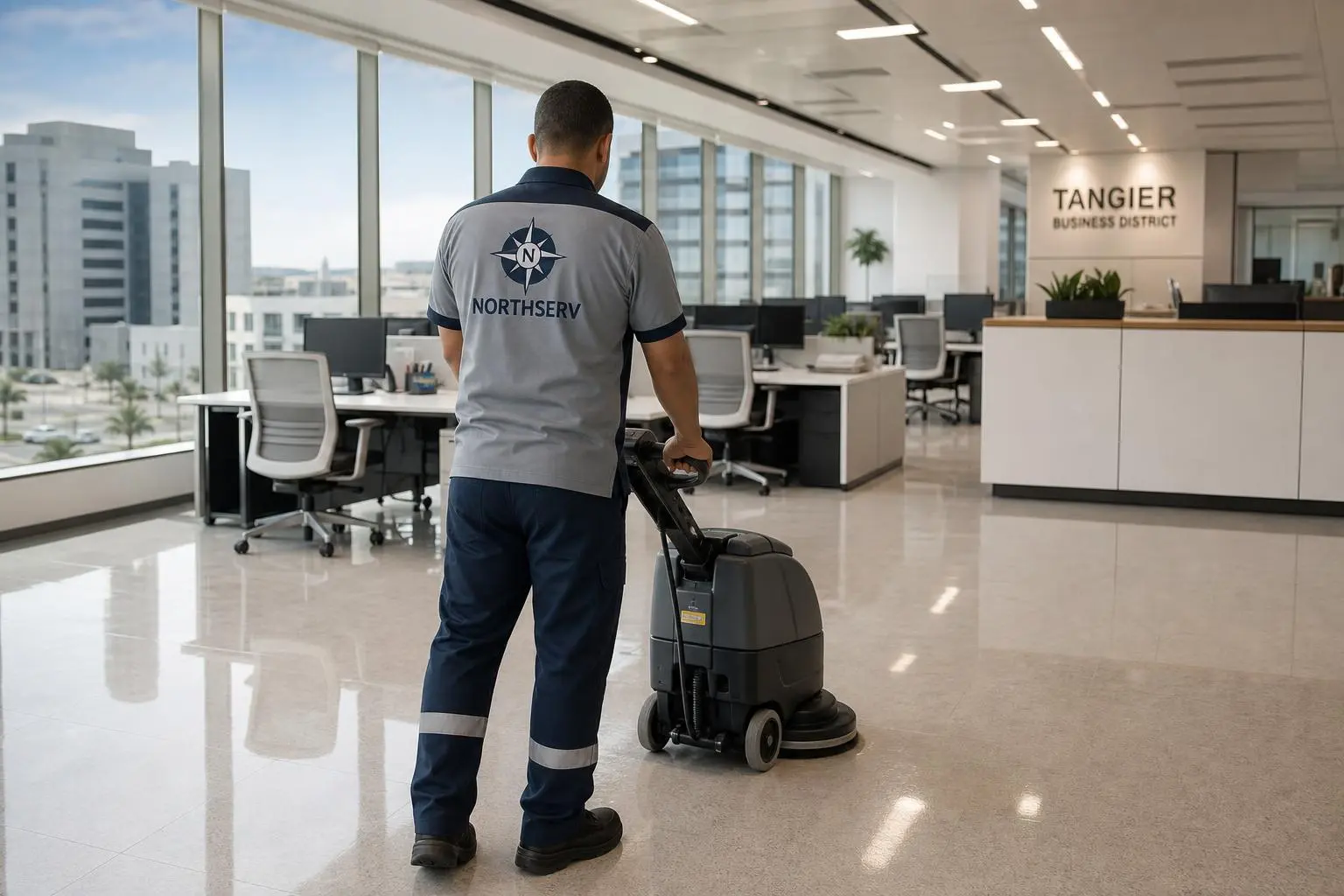 Agent Northserv utilisant une autolaveuse pour le nettoyage des sols d'un open space à Tanger