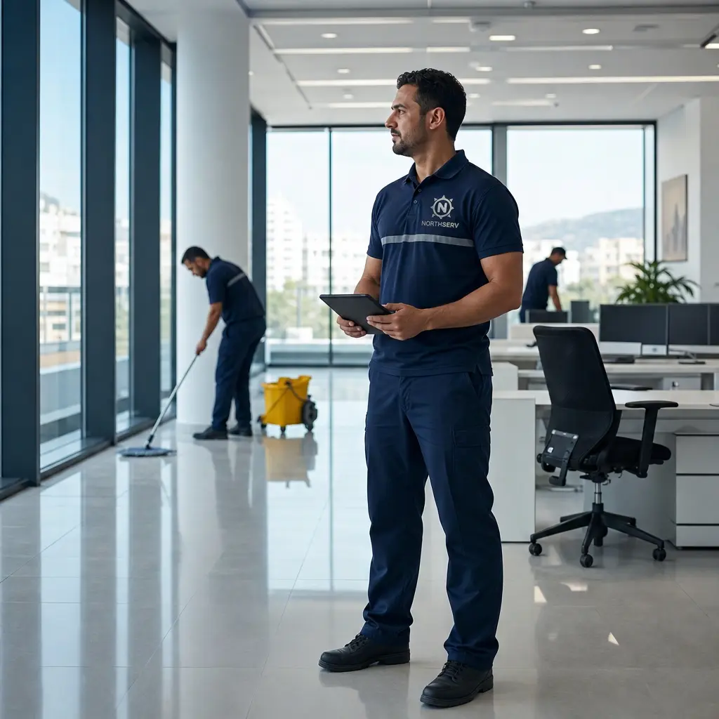 Société de nettoyage effectuant un contrôle qualité dans des bureaux à Tanger.