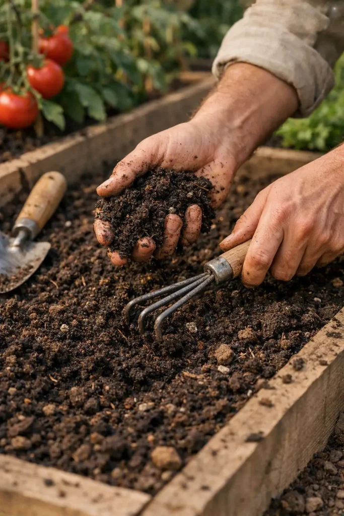 Close-up of gardener’s hands mixing compost into dark garden soil in Morocco vegetable bed under natural light.