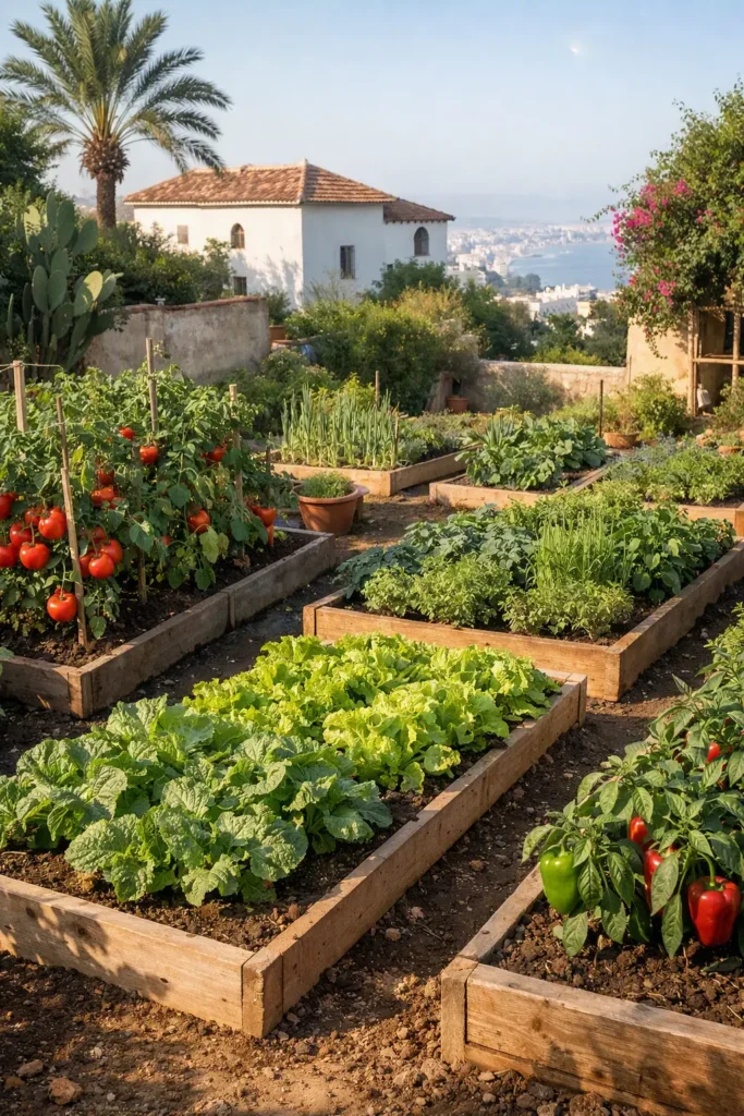 Raised vegetable garden in Tangier Morocco with tomatoes, lettuce, peppers and herbs growing in wooden beds under Mediterranean morning sunlight.