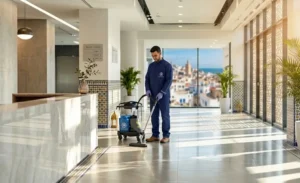 agente de limpieza de Northserv utilizando una aspiradora en el elegante vestíbulo de un edificio moderno.