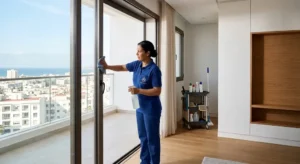 Aide-ménagère nettoyant un appartement à Tanger
