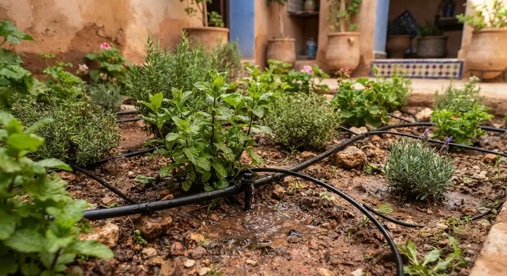 Installation d'un système d'arrosage goutte-à-goutte dans un jardin aménagé avec des plantes aromatiques au Maroc